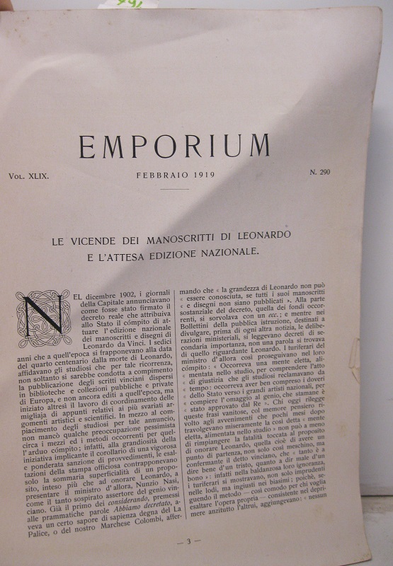 LE VICENDE DEI MANOSCRITTI DI LEONARDO E L'ATTESA EDIZIONE NAZIONALE (Dall'Emporium, Vol. XLIX, Num. 290, Febbraio 1919)